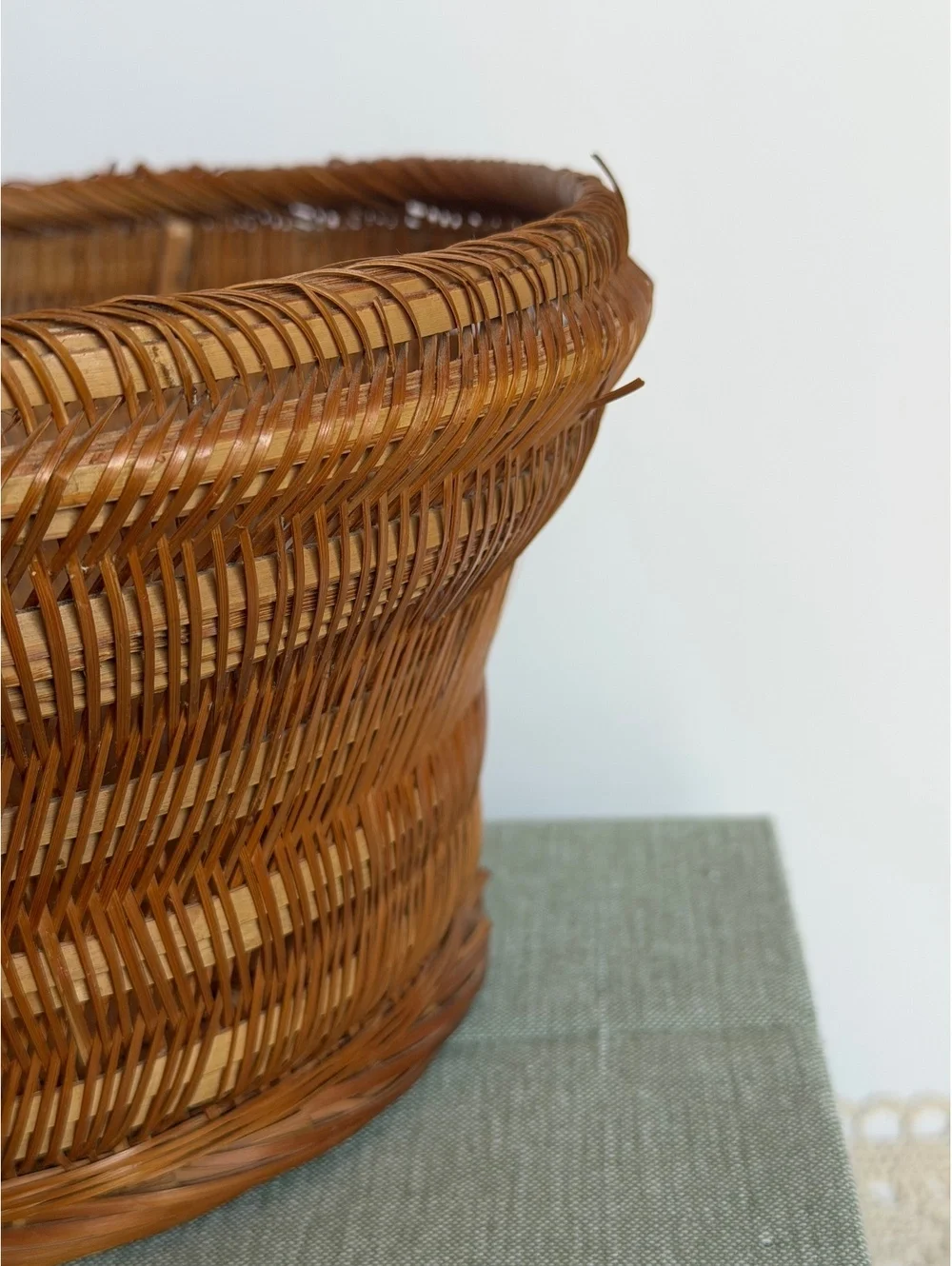 Vintage Chinese Handwoven Bamboo Rattan Basket Kagome Weave Mid Century Decor